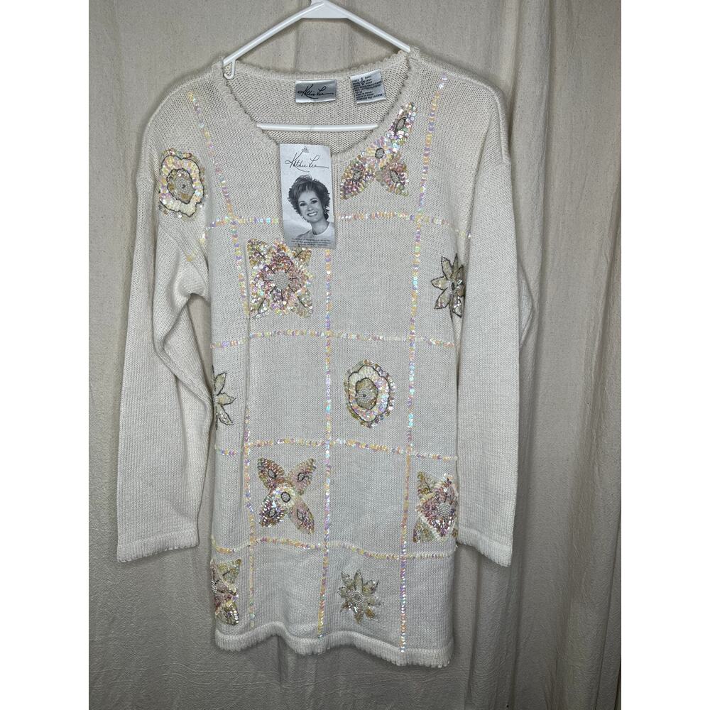NWT 1990s Kathie Lee Cream‎ Sequin Coastal Floral Sparkle Christmas Sweater S